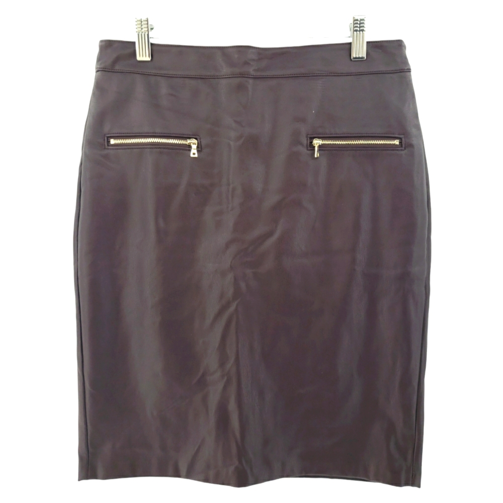 LOFT Faux Leather Skirt Size 4 Brown Rear Zip Front Zipper Detail Fully Lined